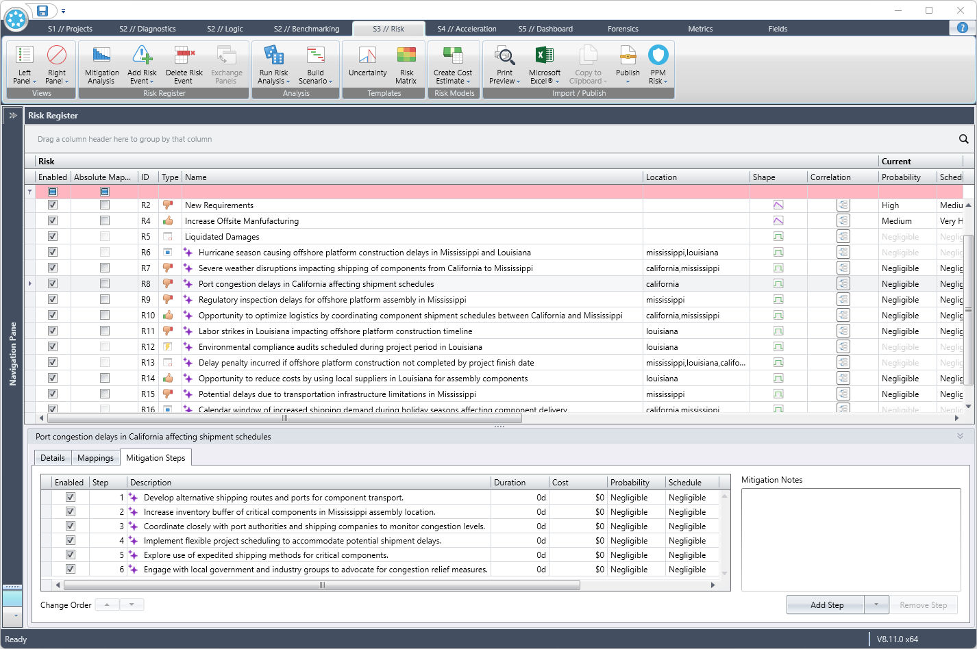Acumen interface with Dela AI suggesting mitigation actions for selected project risks in the risk register